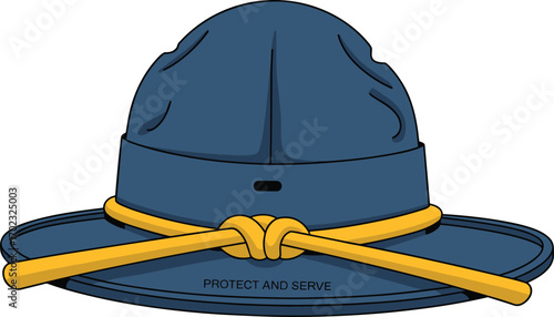 Vector illustration of police campaign hat with yellow cord and “Protect and Serve” slogan, law enforcement uniform symbol in blue