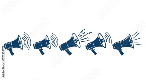 Illustration of five dark blue megaphones showing sound waves and different levels of sound broadcasting emanating from them on a white background