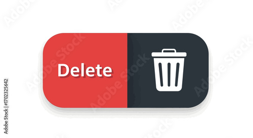 A Digital Delete Button Icon Featuring the Word Delete and a Trash Can Symbol on a Split Red and Dark Gray Background