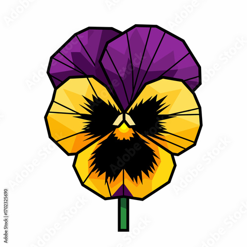 A stylized, geometric illustration of a single pansy flower with purple upper petals and yellow lower petals, featuring a dark center.