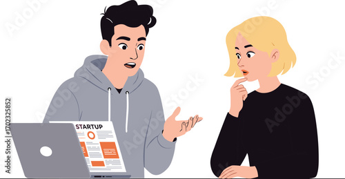 Young entrepreneurs discussing startup strategy, business planning with laptop, team brainstorming new ideas, innovative tech concept, startup meeting illustration