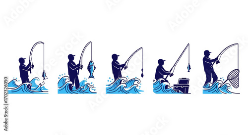 Series of Silhouetted Fishermen Engaged in the Exciting Activity of Catching Fish in Dynamic Ocean Waves