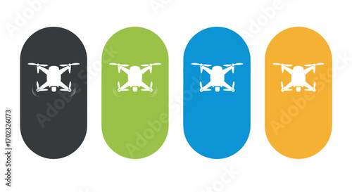 Four Abstract Oval Shapes Each Containing a White Drone Silhouette In Different Vibrant Colors Including Black Green Blue And Yellow Showing Futuristic Technology and Aerial Photography Concepts