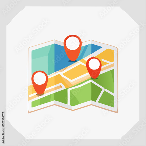 Illustration of a Folded Map with Red Location Markers Indicating Points of Interest