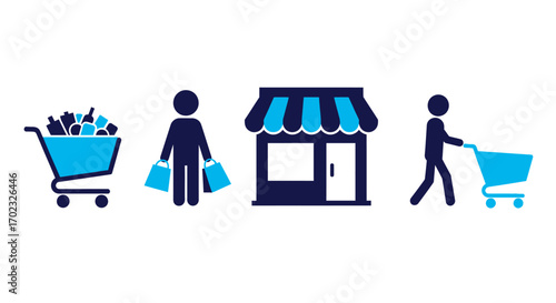 Illustrations of shopping cart with full items person holding bags shop storefront and person pushing empty shopping cart symbolizing consumerism and commerce transactions