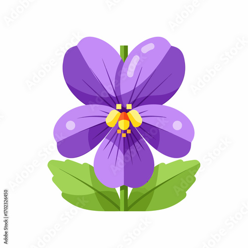 A vibrant, stylized illustration of a purple pansy flower with green leaves and a white background.