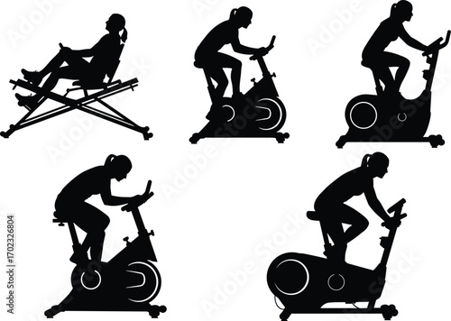 Exercise equipment silhouette set, rowing machine and stationary bikes, indoor workout icons, black and white vector illustration, minimal design