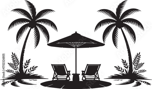 Tropical beach scene with two empty lounge chairs under a large umbrella, flanked by palm trees and leafy foliage, symbolizing relaxation and vacation