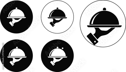 Food tray icon set, hand holding tray, restaurant service symbol, hospitality logo design, black and white vector illustration, minimal style