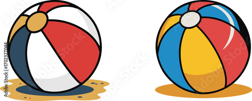 A set of two classic colorful inflatable spheres for summer fun, vibrant striped beach balls resting on the sand as a vector illustration