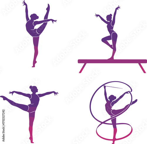 Gymnast silhouette set with gradient color, rhythmic and artistic poses, vector illustration, minimal design, flexibility, balance, athletic movement
