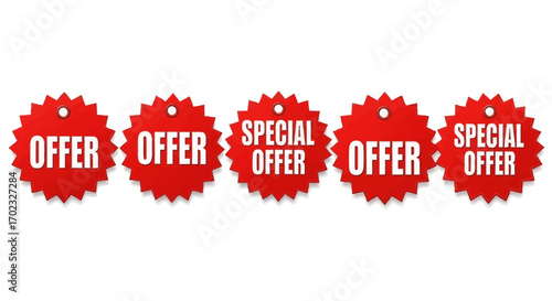 Red Special Offer Sale Discount Promotion Tags Collection on White Background