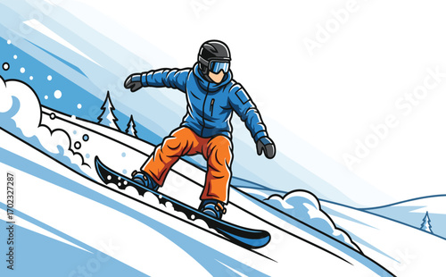 Snowboarder Riding Downhill in a Vibrant Winter Landscape