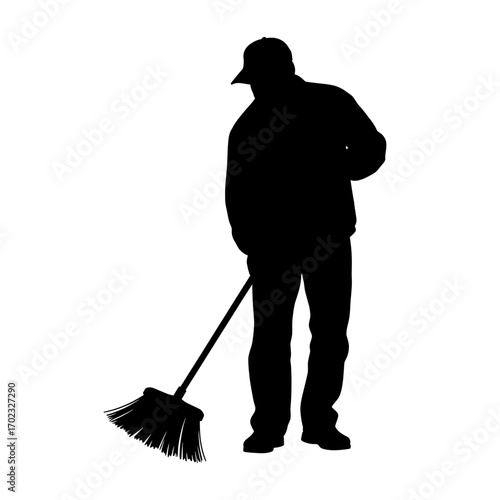 Silhouette of a man sweeping with a broom isolated on white background
