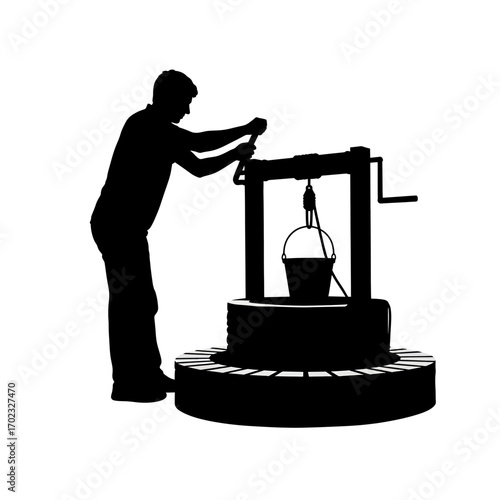 Man operating a water well with a bucket silhouette isolated on white background