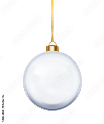 Glass Christmas balls hanging on ribbons. Transparent baubles festive holiday vector