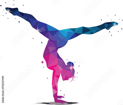 Polygonal handstand split illustration, colorful geometric gymnast pose, modern vector art, balance and flexibility, minimal design, fitness concept