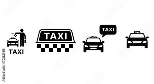 Collection of Taxi Icons Representing Transportation Services for Commuters and Travelers Seeking Rides