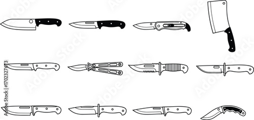 Set of twelve knife silhouettes, culinary and tactical tools, black-and-white illustration, diverse blade designs, minimal style, white background