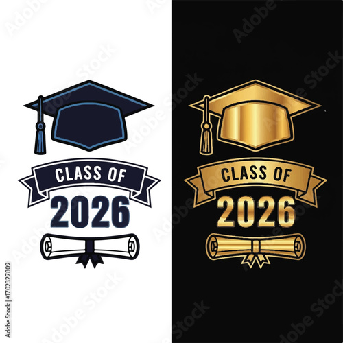 Class of 2026 graduation emblems with mortarboard caps, banners, and diplomas in two color schemes.