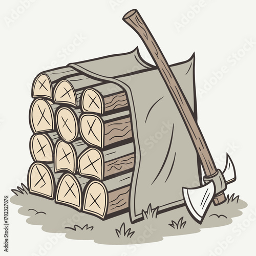 Stack of Firewood Covered with Canvas and Axe