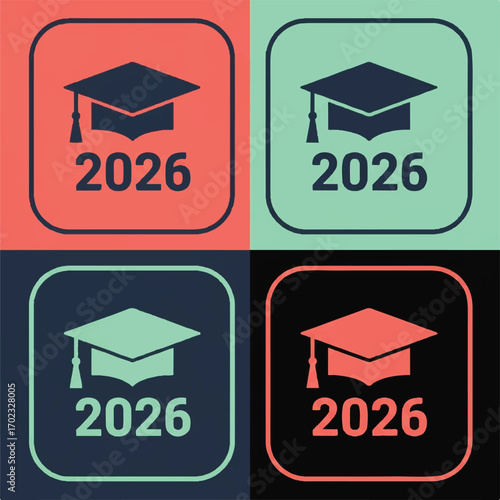 Four squares each featuring a graduation cap and the year 2026, presented in a pop art style with contrasting colors.