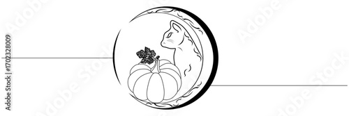 line art black cat dan moon for a halloween day