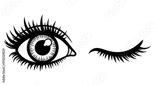A close up of a person's eye with long eyelashes with one eye winking and the other looking straight ahead in a stylized illustration