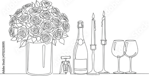 Romantic table setting illustration, black and white style, roses, candles, wine glasses, champagne bottle, celebration concept, minimal design