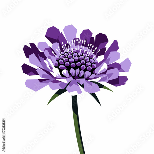 A stylized illustration of a single purple pincushion flower with a green stem against a white background.