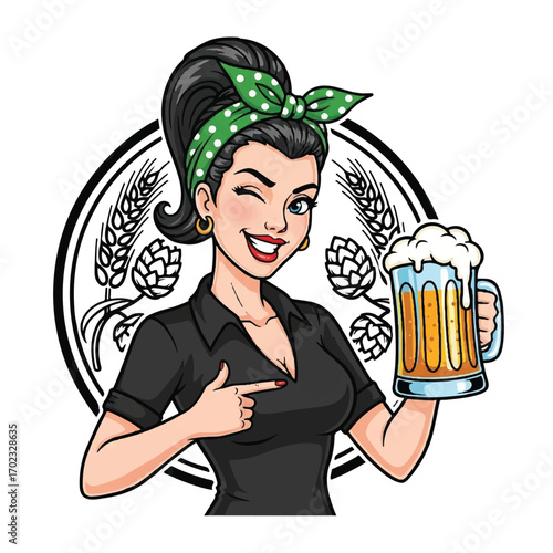 A cheerful retro-style woman with a polka-dot bandana winks while holding a foamy beer mug.