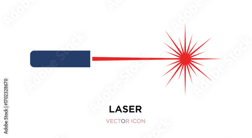 A simple illustration of a laser emitting a thin red beam that expands into a starburst pattern on a white background representing light technology and optical devices
