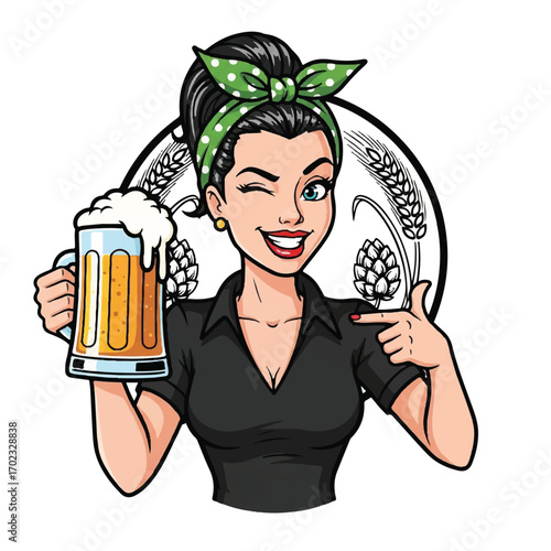 Retro pin-up style woman winking and pointing, holding a frothy beer mug, with wheat and hops in the background.