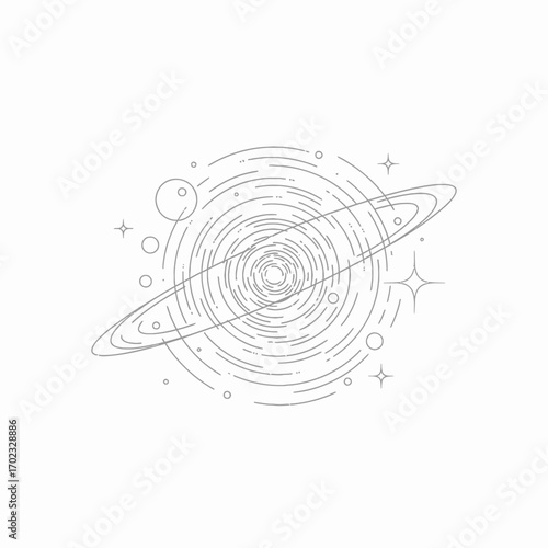 Abstract illustration of a swirling black hole with surrounding rings and stars, representing cosmic phenomena and space exploration.