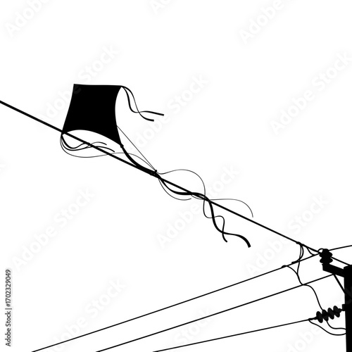 Black kite silhouette caught on power lines isolated on white background