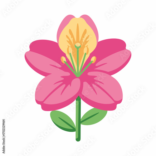 A stylized illustration of a vibrant pink flower with yellow and green accents, featuring delicate petals and a prominent stamen.