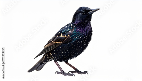 Starling bird with glossy black feathers pointed beak small sleek body perched songbird isolated on white background
