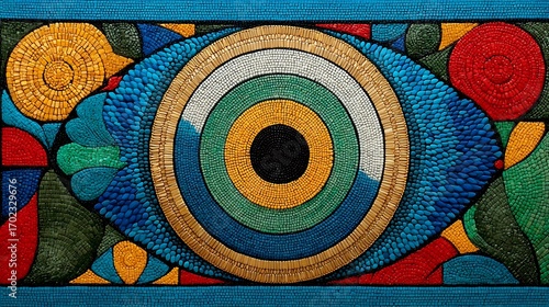 the image presents a rectangular mosaic composition filled with diverse colors and textures