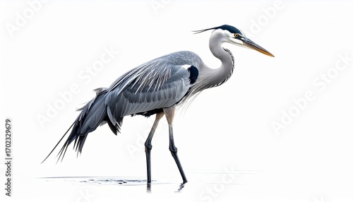 Crane bird with tall slender legs long beak elegant posture gray feathers water bird isolated on white background
