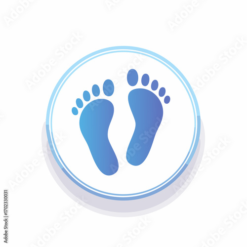 Illustrative circular emblem featuring symmetrical blue foot imprints depicting steps and motion