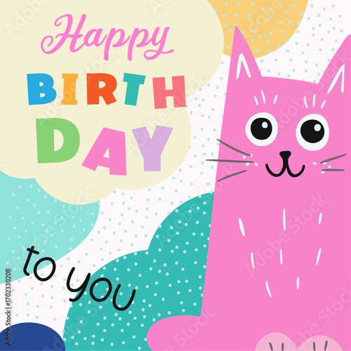 pink cat, happy birthday greeting  card, hand drawn vector illustration