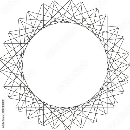 Circular geometry constructed with spiky star-shaped elements radiating in symmetry.