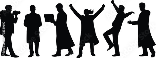 Business people silhouette celebrating success, photographer taking pictures, professional with laptop, excited team, corporate teamwork, creative collaboration, happy business moments