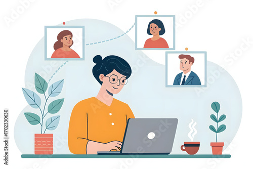 Flat Vector Illustration of Young Professional Working from Home with Virtual Office Connection