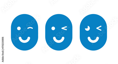 A set of blue cartoon faces with various expressions conveying happiness and amusement in a simple graphic style