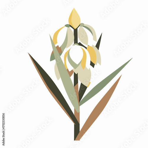 A stylized illustration of a crown imperial flower with its distinctive bell-shaped blossoms and long, pointed leaves.
