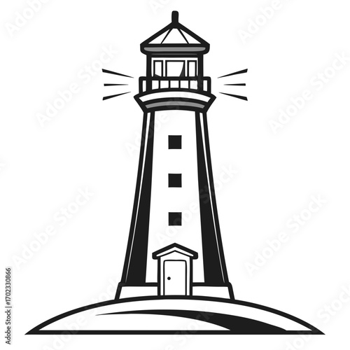 Black and white lighthouse icon with light beams shining  