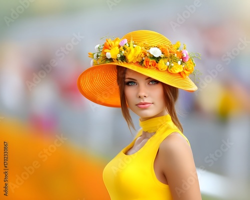 Elegant Young Woman in Yellow Dress and Floral Hat at Outdoor Event