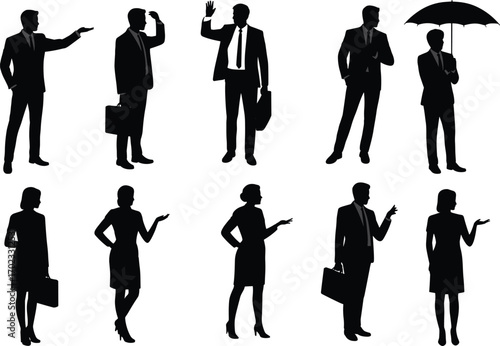 Group of business people silhouettes, men and women in formal attire, teamwork, leadership, office communication, corporate environment, standing poses.