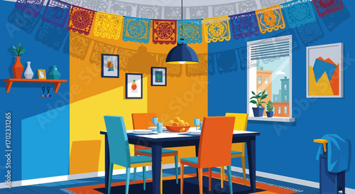 Vibrant Illustrated Dining Room with Papel Picado Decor and Sunlight